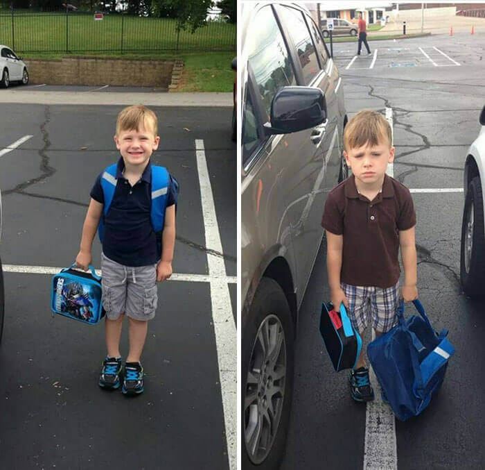 Смешные фотографии малышей до и после их первого дня в школе